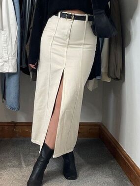 Miou Muse Off White Denim Jean High-Waist Midi Skirt with Center Front Slit
